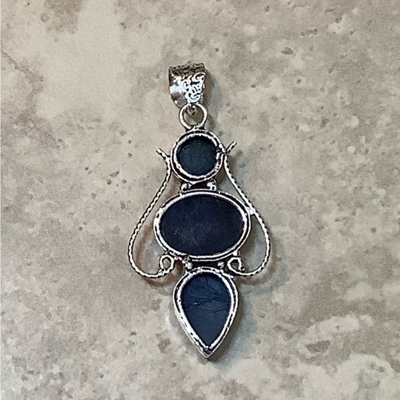 🌺 ROYAL LABRADORITE NECKLACE TRIPLE STONE PENDANT BOHO GYPSY GEMSTONE FESTIVAL - Picture 7 of 9